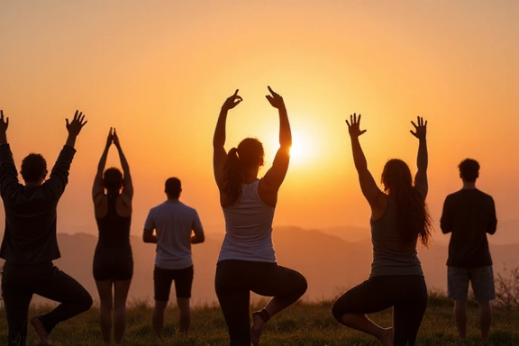 Grupo de personas haciendo yoga al aire libre al amanecer, simbolizando bienestar y estilo de vida activo.