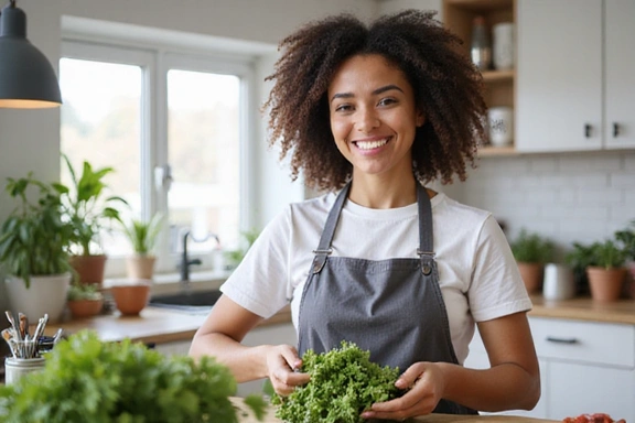 Mujer sonriendo mientras prepara una ensalada fresca en una cocina moderna.