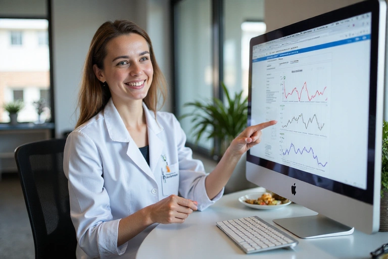 Una nutricionista sonriendo y apuntando a una pantalla de ordenador con gráficos de salud, en un ambiente luminoso y moderno de oficina, transmitiendo confianza y profesionalismo.