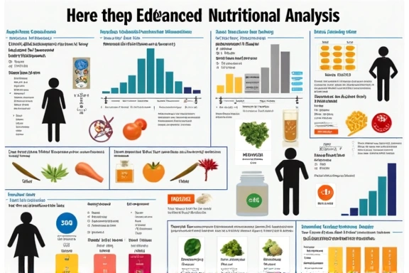 Infografía que ilustra el proceso de análisis nutricional avanzado, mostrando datos, gráficos y herramientas tecnológicas.